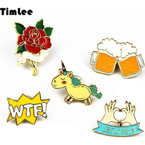 Timlee X223 Cute Animals Unicorn Enamel Pin Love Hand Beer WTF Rose Brooch Pins Button Pins Fashion Jewelry Wholesale