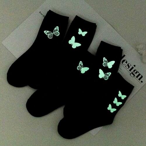 Black Fluorescent Hot Luminous Butterfly Socks Streetwear Crew Women Men Happy Funny Socks Cotton Casual Socks Size EU 36-42
