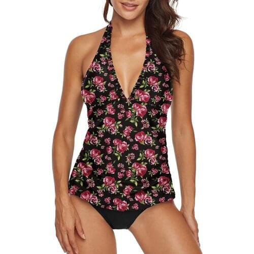 Women Two-piece Swimsuit Women Hanging Neck Bikini set Halter V-neck Flower Print Bikini Swimsuit Beachwear Bathing Suit Biquini