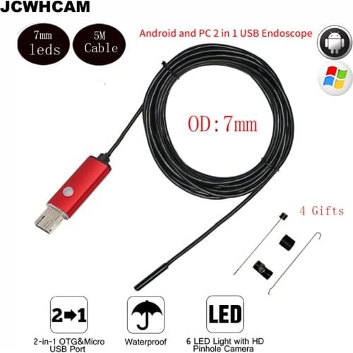 JCWHCAM 7mm Android Endoscope USB Cable Focus Camera 5M Waterproof 6 LED HD Inspection Mini Camera Borescope for Phone PC