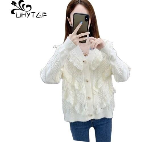 UHYTGF 2021 Cardigan For Women Autumn Sweater Coat Female Fashion Lace Hollow Knit Jacket Casual Warm Loose Plus Size Tops 1790