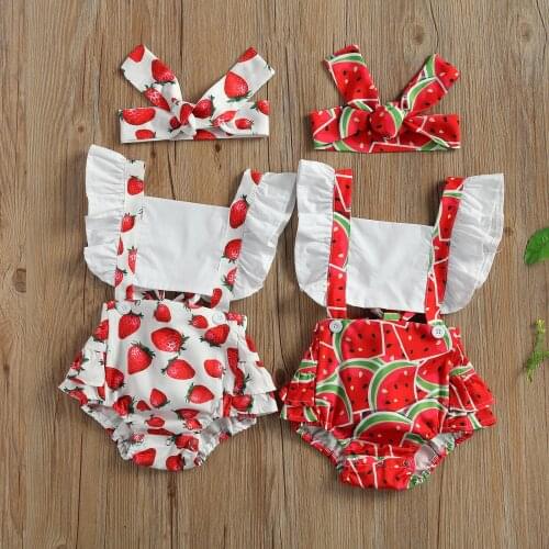 Newborn Baby Girls Bodysuits Headband 2pcs Watermelon/Strawberry Print Backless Ruffles Short Sleeve Jumpsuits