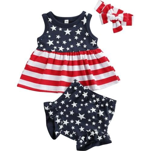 Citgeett Summer Independence Day Infant Baby Girls Sleeveless Tops + Shorts + Bow Headband Print Holiday Clothing Set