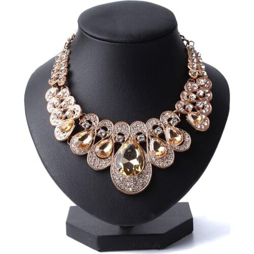 Gold Color Water Drop Pendant Necklace Collares Wedding Bridal Jewelry Sets Champagne Rhinestone Drop Earrings Set
