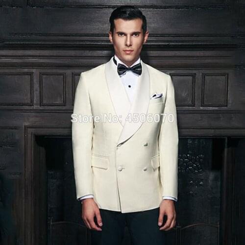Ivory Men Wedding Suits Slim Fit Tuxedos Groom Wear Double Breasted Bridegroom Suits Shawl Lapel Costume Homme 2Pcs Jacket Pants