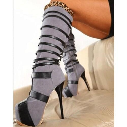 Grey Suede Black Straps Fasten Knee Boots High Platform Super Heels Female Mixed Color Patchwork Stage Fashion Knight Boots