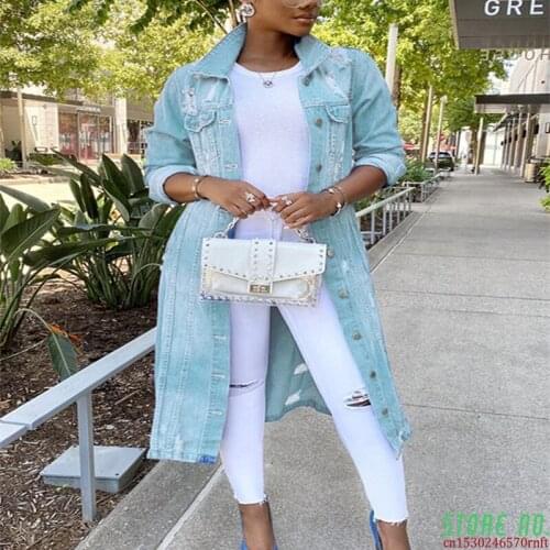 New Autumn Winter Women Jackets Ripped Denim Outwear Vintage Casual Long Jean Jacket Female Long Sleeve Coat Streetwear Oversize