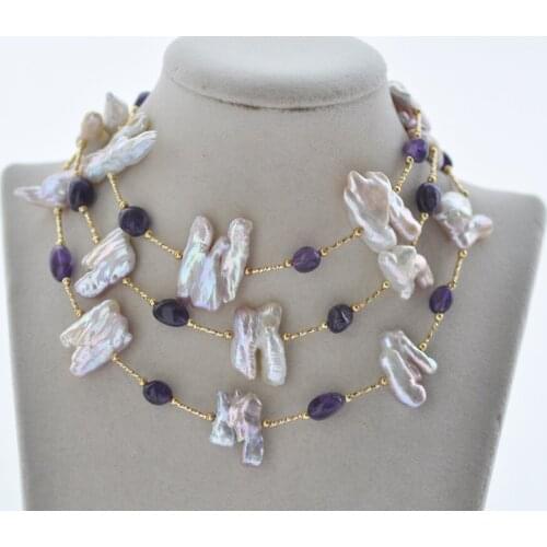Z10783 40" 26mm Pink Lavender Baroque Double Biwa Pearl Amethyst Necklace