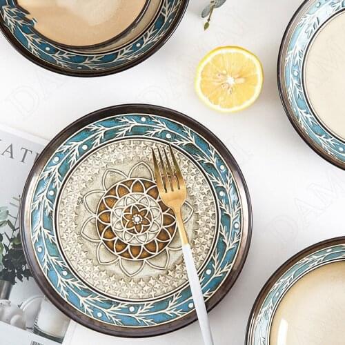 Relief Ceramics Plate Fruit Salad Plates Underglaze Round Western Restaurant Steak Dish European Style Kitchen Tableware Tray