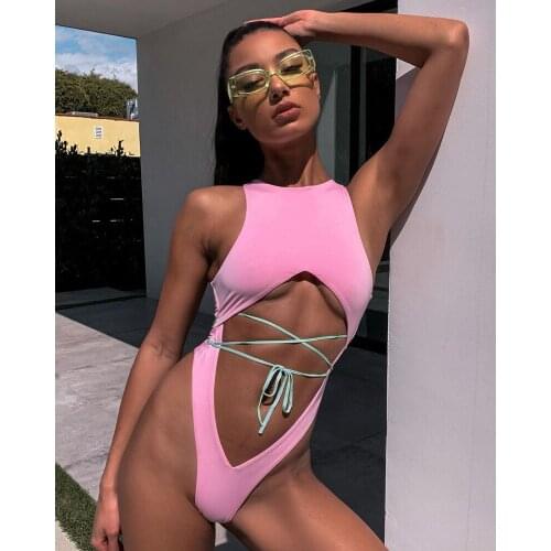 Sexy Cut Out One Piece Swimsuit Women High Neck Push Up Swimwear Bandage High Waist Bathing Suits Monokini Swimming Bodysuit