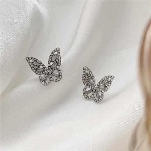 Girls Fully Rhinestone Big Butterfly Stud Earrings for Women Elegant Shiny Korean Earings