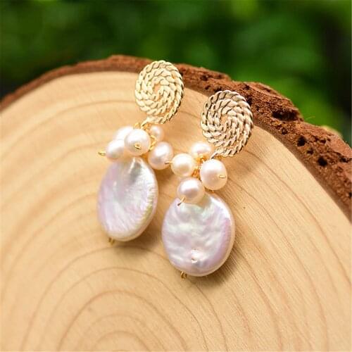 Natural White Baroque Coin Pearl Earrings 18k Ear Drop Hook Flawless Real Party Hoop AAA Aurora Cultured Irregular Fashion
