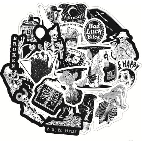 10/30/50PCS Black and White Skull Gothic Style Stickers Travel Luggage Guitar Laptop Waterproof Cool Classic Stickers for Kid