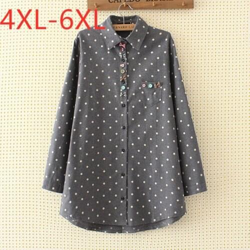 New ladies autumn winter plus size tops for women large blouse long sleeve loose cotton gray button pocket dot shirt 4XL 5XL 6XL
