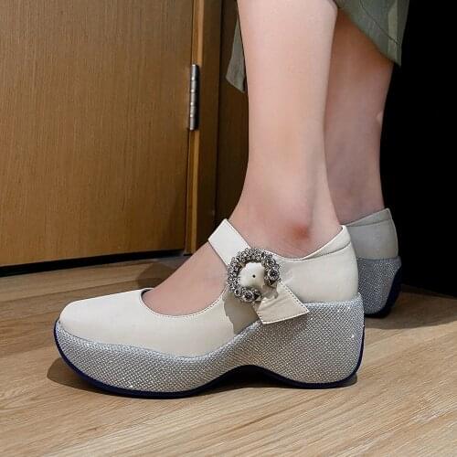 Womans Shoes Fashion Women Spring/Summer Pumps Genuine Leather Square Toes Platform Shoes Ladies Mary Jane Wedges White/Black