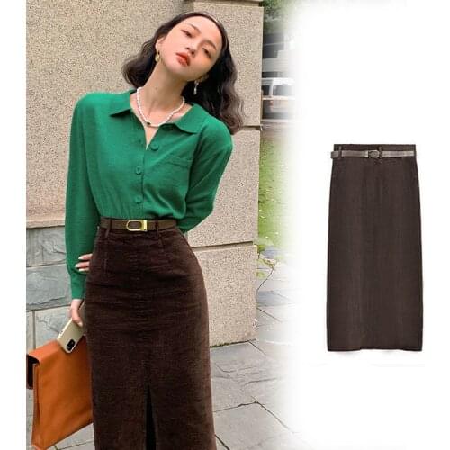 French Solid Elegant Vintage High Waist Midi Skirt Autumn Brown Hip Skirt Sexy Split Fork Slim Women Casual All-match Long Dress