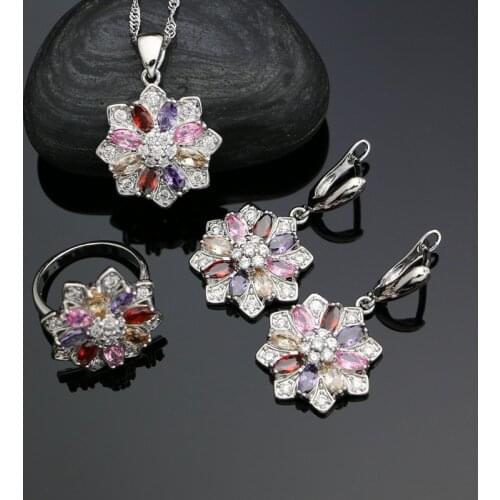 925 Silver Bridal Jewelry Sets For Women Wedding Multicolor Cubic Zirconia White Crystal Ring Pendant Necklace Earrings Sets