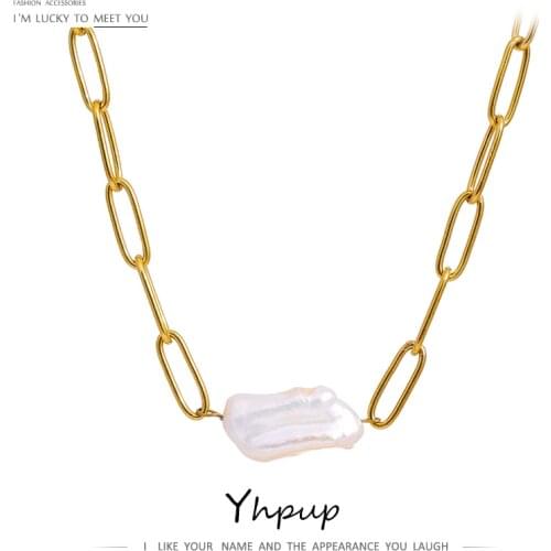 Yhpup Stainless Steel Natural Pearl Pendant Neckalce Metal Chain High Quality Jewelry Gold Collar Neckalce for Women Girls Gift