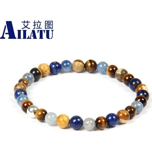 6mm Natural Tiger Eye & Lapis Lazuli Stone with Beaded Elastic Wristband Bracelet for Nice Girls Gift Jewelry