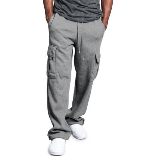 Cofekate Men Pants Drawstring Plus Size M-3XL Casual Trousers Autumn Winter Warm Multi Pockets Wide Leg Loose Cargo Pants