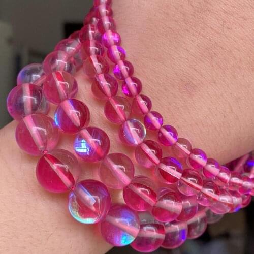 Fuchsia Round Glitter Austrian Crystal Beads Flash Moonstone Loose Beads For Jewelry Making Diy Bracelet Accessories 6 8 10 12mm