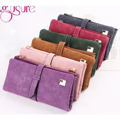 Gusure Famous Brand Long Purse Two Fold Women Phone Wallets Drawstring Nubuck Leather Zipper Suede Purse Ladies Clutch Bag