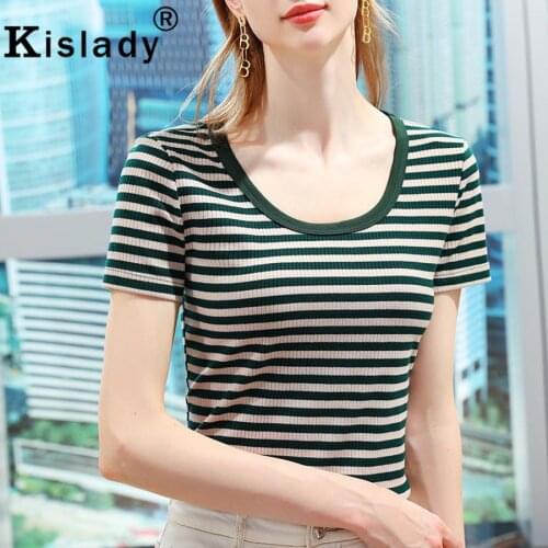 Kislady 2021 Summer Temperament Sexy Tops Gothic Shirt Elegant OL O-Neck Patchwork Harajuku Shirts Korean Plus Size Striped Tees