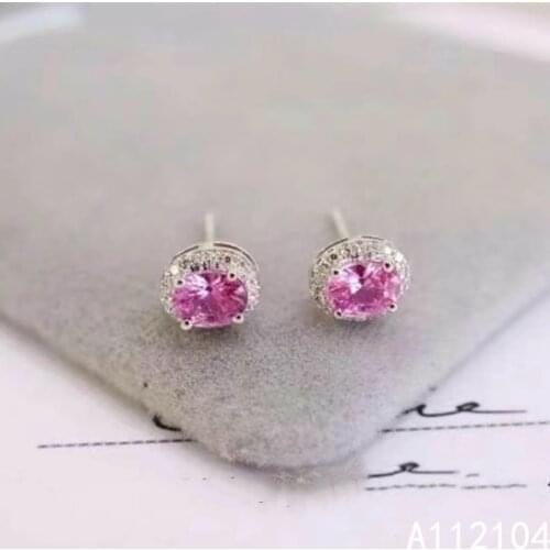 KJJEAXCMY fine jewelry 925 sterling silver inlaid natural pink sapphire women fresh small elegant gem ear studs earrings support