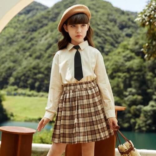 2 Piece Clothing Sets For Girls Autumn Spring 2PCS Shirts And Plaid Skirts Outfits Suits Children Teens School Uniform Clothes