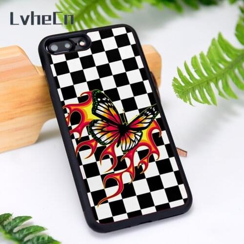 LvheCn Silicone Rubber Phone Case Cover for iPhone 6 6S 7 8 Plus X XS XR 11 12 Mini Pro Max Checkered Fire Flames Butterfly
