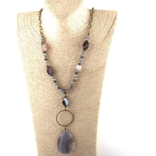 Fashion Jewelry Natural Stone Long Chain Metal Link Gray Stone Drop Pendant Necklaces For Women Ethnic Necklace