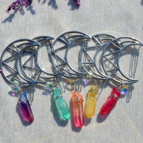 Raw crystal witch color moon bride hairpin crystal AB color five-pointed star crystal hair accessories gift