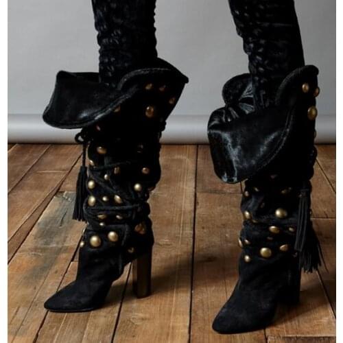 New Winter Brand Women Warming Fold Lace Up Rivets Pointed Toe Chunky Heels Fringe Tassel Knee High Boots Fashion Long Boots