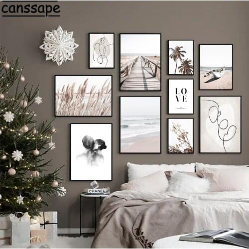 Scenery Wall Art Posters Beach Sea Prints Woman Body Line Painting Reed Flower Print Nordci Pictures For Living Room Decoration