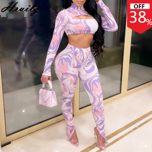 Sexy Outfit Long Sleeve Crop Tops Print Long Woman Pants Elastic Waist Womens Clothing Summer 2020 Fitness Loungewear Plus Size