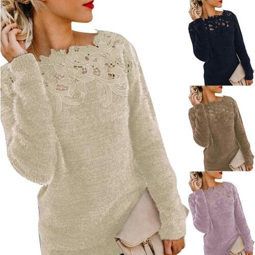 Sexy Women O Neck Solid Color Long Sleeve Lace Stitching Hollow out Slim Pullover Shirt