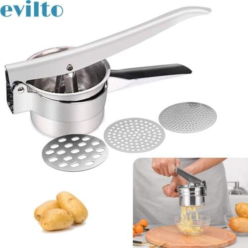 3 in 1 Stainless Steel Potato Masher Rice Fruit Vegetable Juicer Press Maker Strainer Rice Garlic Press with 3 Discs Kitchen