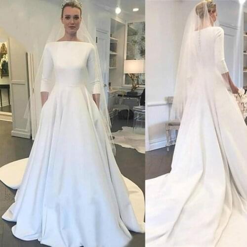 Three Quarters Of Sleeves Wedding Dress 2021 Meghan Markle Style Boat Neck Buttons Back A Line Of Wedding Dress White Satin