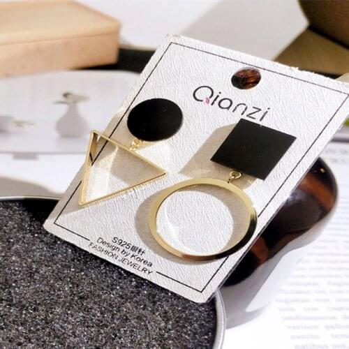 Mifeiya Unique Black Golden Asymmetry Dangle Earrings for Women Cute Geometric Triangle Round Square Stylish Jewelry