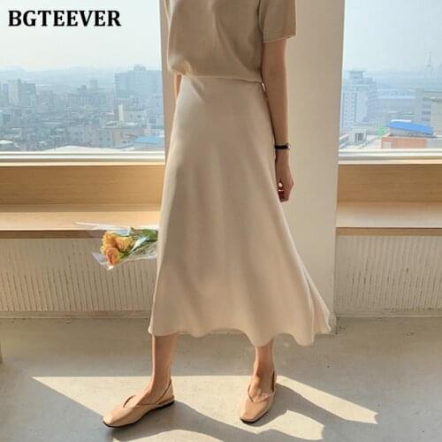 BGTEEVERl Elegant Work Wear Soft Skirts Women Vintage High Waist Zipper Satin Female Skirt Mid-length 2020 Spring Summer