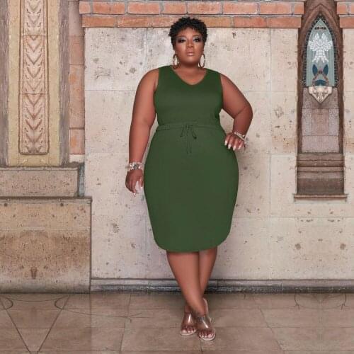 XL-5XL Plus Size Deep V Neck Sleeveless Midi Dress Women High Waist Drawstring Oversize Dress Office Lady Side Pocket Vestidos