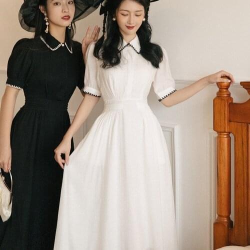 Elegant Women Midi Dress Vestido Negro Blanco Black White Retro Summer French Mori Girl Style PeterPan Collar Sister Doll Dress