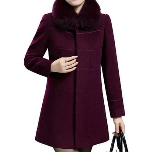 Winter Woolen Coat Middle-aged Women Long Woolen Coat Parka Autumn Warm Thick Wool Coats Plus Size Womens Fur Collar Blends Coat