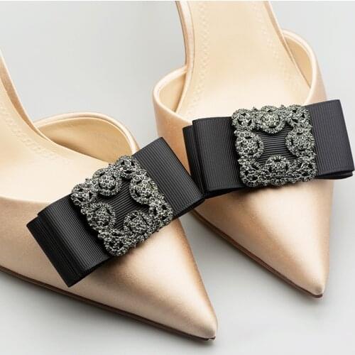 1 Pair Ribbon Rhinestone Buckle Shoe Accessories Woman Ladies Black Bow Shoe Clips Decoration Removable Shoes