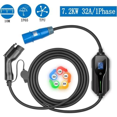 10M Portable Home Use EV Charger Type 1 Plug EV Cable 32A 24A 20A 16A 10A Adjustable J1772 Electrica Car