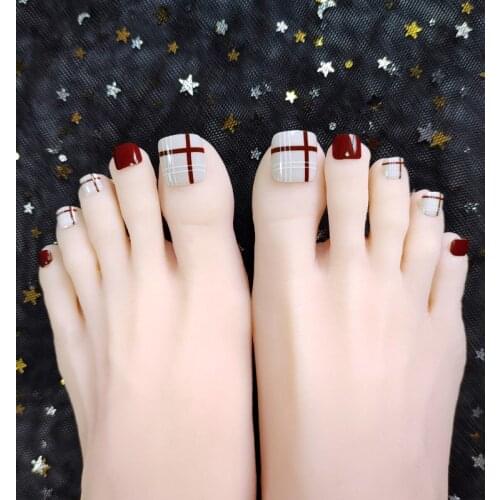 24pcs Burgundy Plaid Printed Toenails Patch Glue Type Removable Short Paragraph Fashion Manicure False Toenails Art Tools