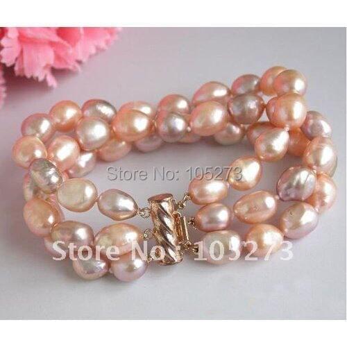 3Row 8inchs AA 8-12MM Pink Lavender Baroque Freshwater Cultured Pearl Bracelet Fashion Pearl Jewelry New Free Shipping FN1449