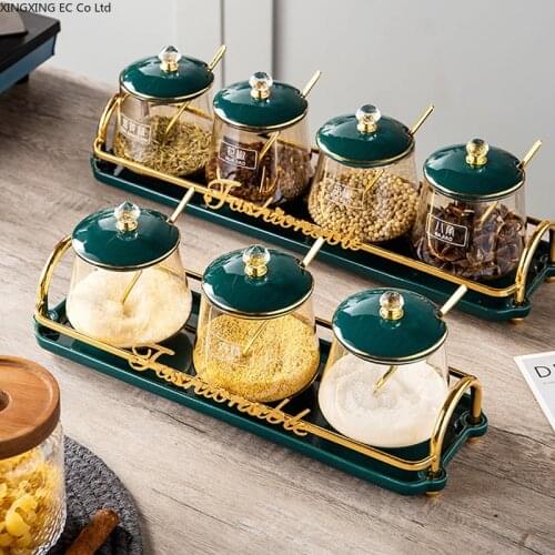 Household Glass Storage Tank Kitchen Seasoning Storage Supplies/Oil Salt Sauce Vinegar Seasoning Tank Oil Can Combination Set