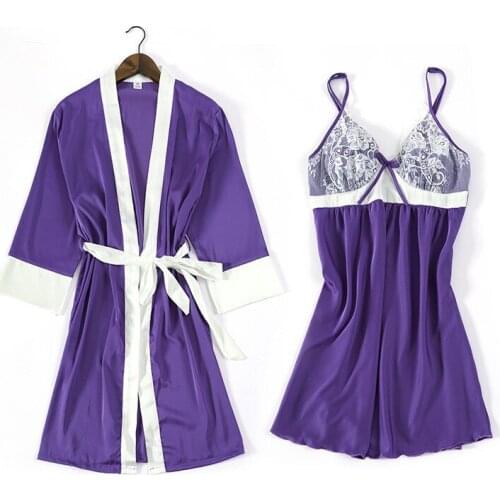 Purple 2PCS Satin Women Robe Suit Kimono Gown Sexy Strap Nightgown Cute Bow Night Dress With Bra Sleepwear Long Sleeve Bathrobe