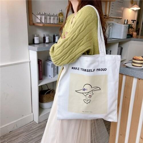 2021 Women Canvas Bag New Drawing Design Cotton Cloth Shoulder Bag Female Simple Eco Handbag Tote Shopping Books Bags For Girls